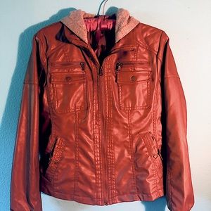 Leather jacket with built in grey hood